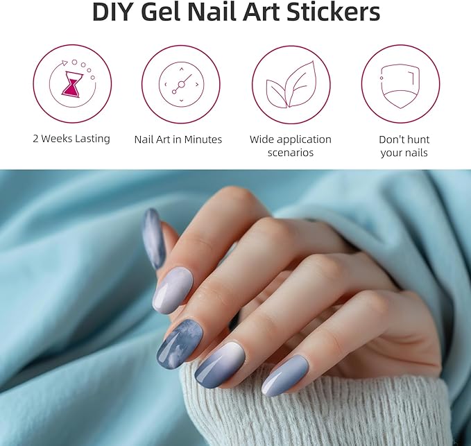 Semi Cured Gel Nail Strips, 28 pcs UV Gel Nail Stickers for Women Work with Any UV Light, Long Lasting Nails Strips for Home DIY Nails (Dreamy Waves)