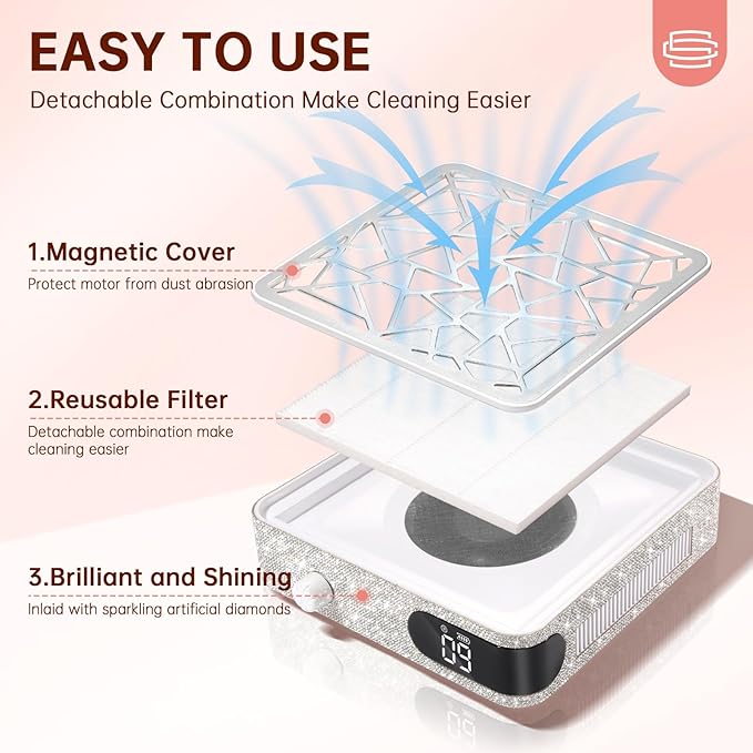 Nail Dust Collector, Powerful Vacuum Fan Vent Dust Collector Extractor Dust Suction Machine for Acrylic Nails Polishing, Nail Salon&Home, White Diamond