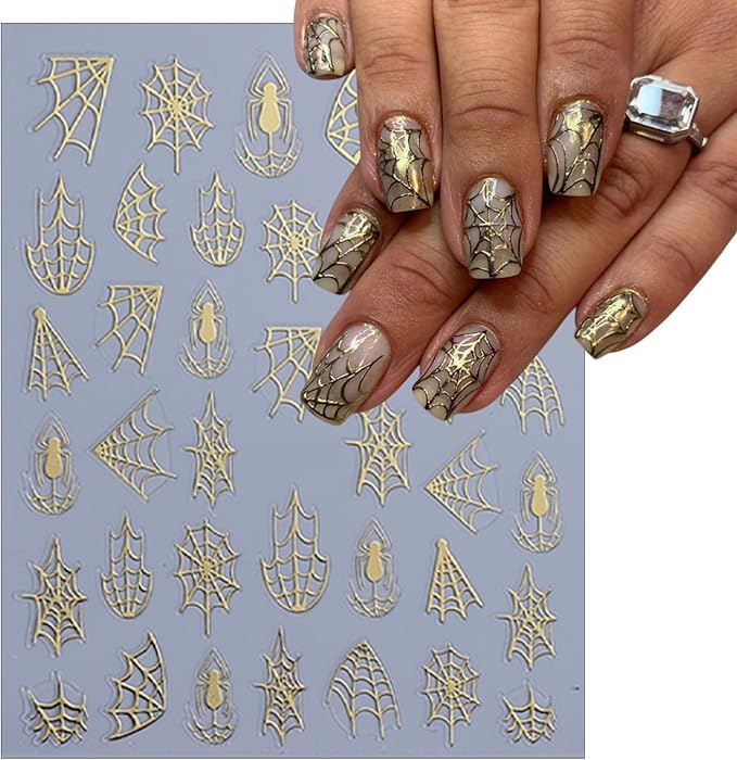 8 Sheets Halloween Nail Art Stickers 3D Self-Adhesive Spider Web Nail Stickers White Black Red Gold Laser Silver Spider Design Nail Decals for Women Girls Scary Halloween Manicure Decoration