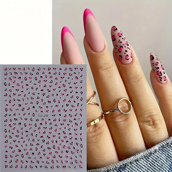 Leopard Nail Stickers Fall Nail Decals 6PCS 3D Self-Adhesive Pink White Brown Leopard Print Nail Design Stickers Cute Autumn Nail Art Supplies Fall Nail Art Sticker for Women DIY Nail Decorations