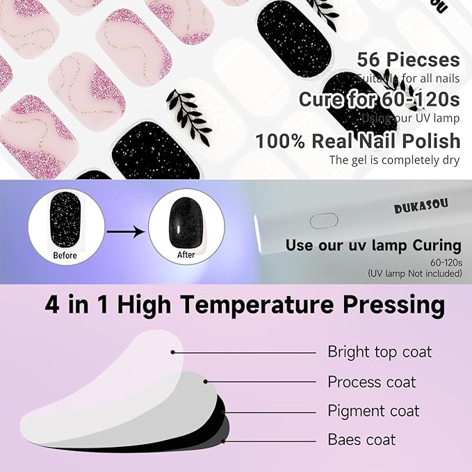 Semi Cured Gel Nail Strips 2 Set, (Black Leaves,Gilded Pink) 56 Pcs Gel Nail Wraps Stickers for Women DIY Gift, Works with Any UV Lamps,Long Lasting,Salon-Quality, Easy to Apply