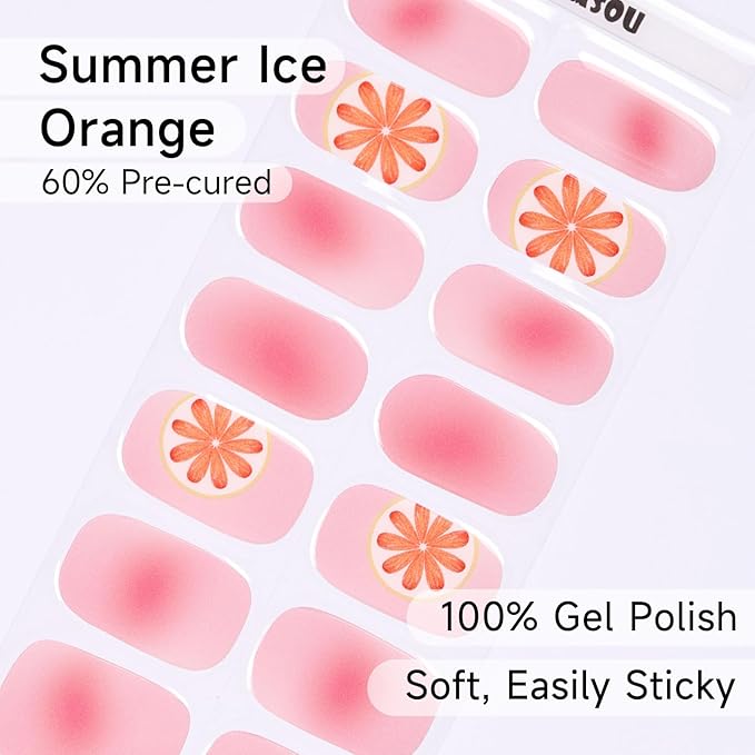 Semi Cured Gel Nails Strips, 28 pcs Gel Nail Stickers Work with Any UV Lamp, Nail Wraps for Women Girls Home DIY Nails Art (Summer Ice Orange)