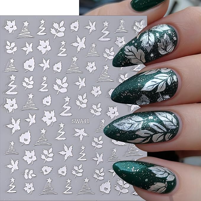 Fall Maple Leaves Nail Art Stickers for Thanksgiving, Gold Silver Maple Leaves Nail Decals 3D Self-Adhesive with Flowers Leaf Design 6Pcs Fall Glitter Nail Art Supplies for Women Nail Decoration