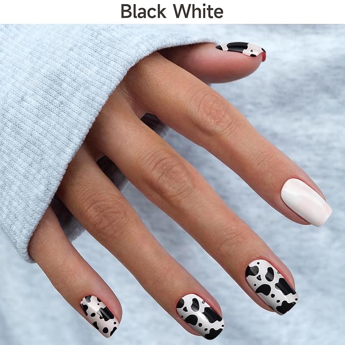Semi Cured Gel Nail Strips, Black White | 28 pcs Gel Nail Strips Work with Any UV Lamp, Salon Quality UV Nails Stickers, Easy to Apply for Home Nails DIY