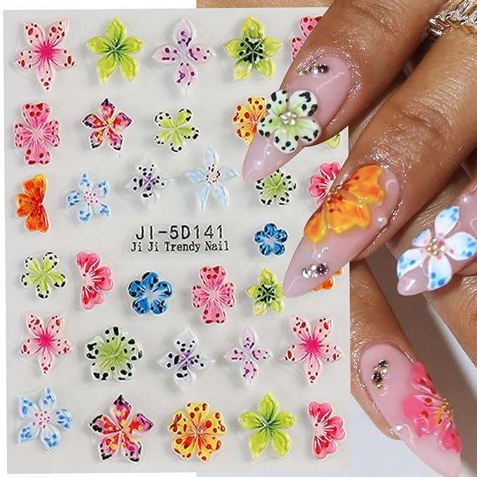 Flower Nail Art Stickers, 4PCS 5D Embossed Sticker for Nail Art, Spring Floral Nails Design 5D Relief Decals Hibiscus Flowers Nail Adhesive Sticker Slider Charm Decor DIY Manicure Accessories Supplies