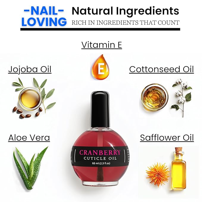 Ellie Chase Moisturizing Cuticle & Nail Care Oil 2.3 Fl Oz - Cranberry Scented – Infused with Jojoba Oil, Aloe, Vitamin E – Nail & Cuticle Hydration, Repair, Moisturizer, Strengthener, Growth