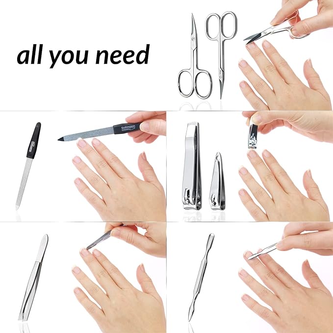 Manicure Set Solingen Made in Germany - 7 Piece Exclusive Finger & Toe Nail Clippers Kit for Women and Men in Vegan Leather Case, Color Jeans