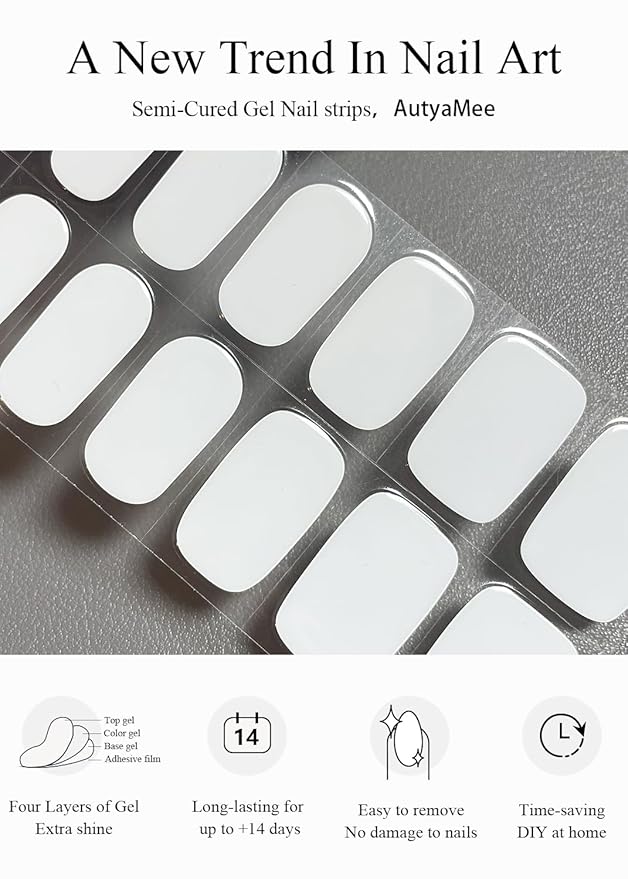 Semi Cured Gel Nail Strips (White), 20 Pcs Gel Nail Wraps, Stickers, UV Light Required, Salon Quality, Long Lasting