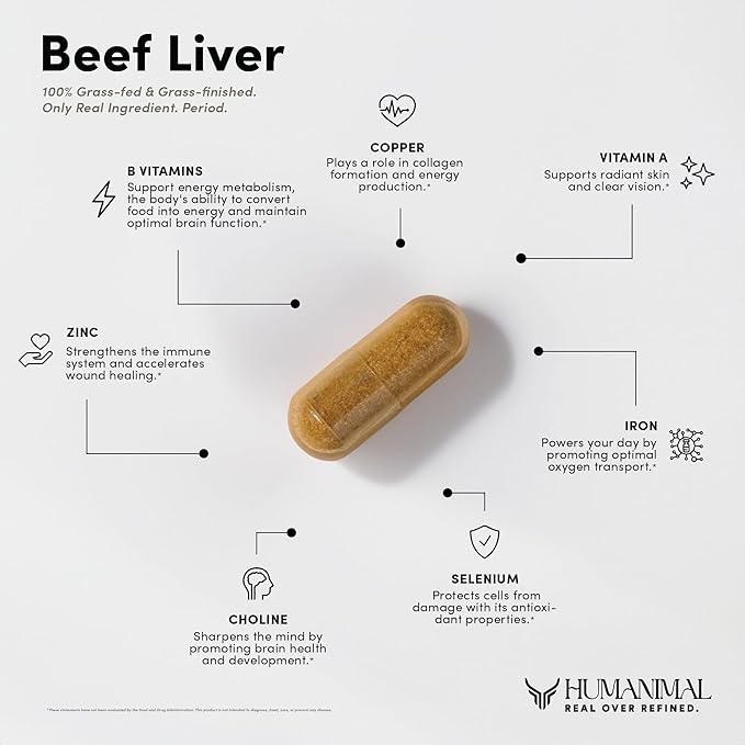 Humanimal Beef Liver Supplement | Nutrient-Dense Beef Liver Capsules | 100% Grass-Fed & Finished, Freeze-Dried | Boosts Energy Levels, Focus, Skin Health & Liver Function | Non-GMO, 180 Capsules