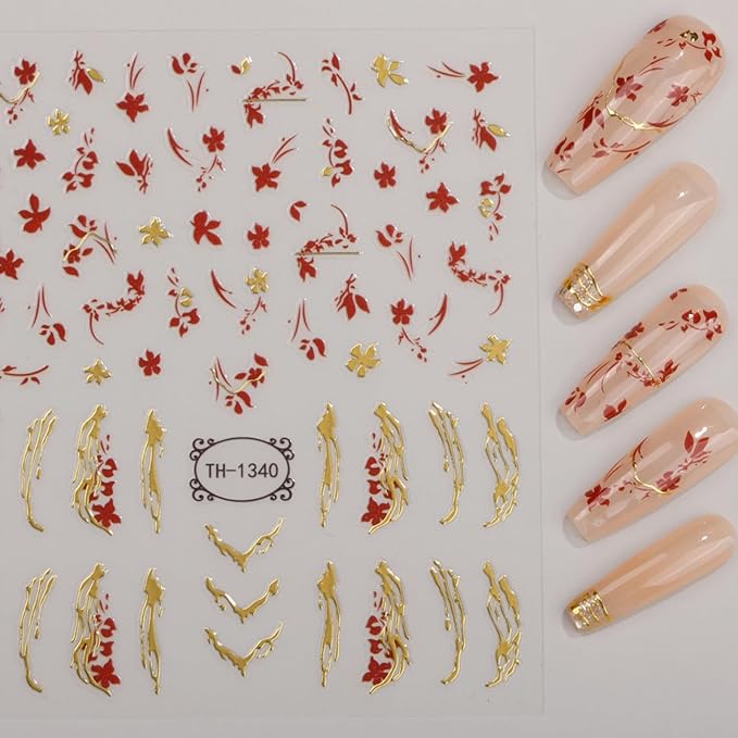 Gold Flower Nail Stickers Decals, 3D Nail Art Nail Art Stickers Gold Line Nail Decals Adhesive Metal Stripe Wave Nail Sticker for Women Manicure Decorations