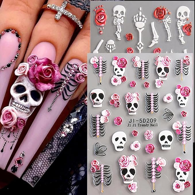 Halloween Nail Stickers 5D Embossed Skull Skeleton Nail Decals DIY Self Adhesive Nail Design Sticker Halloween Nail Decoration Supplies Holiday Manicure Accessories for Women Girls 3Pcs