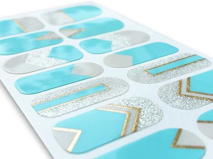 | 20 Exquisite Gel Nail Polish Strips w/Application Accessories - No UV/LED Lamp Required (Turquoise, Silver Glitter & Gold Lines)