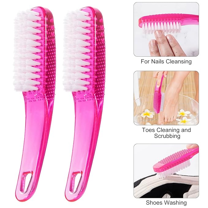 2 Pcs Handle Grip Nail Brushes for Cleaning, Long Handle Fingernail Cleaner, Hand Nail Toes Cleaning and Scrubbing Brushes, Pedicure Nail Scrubber Non-Slip for Men and Women, Hot Pink