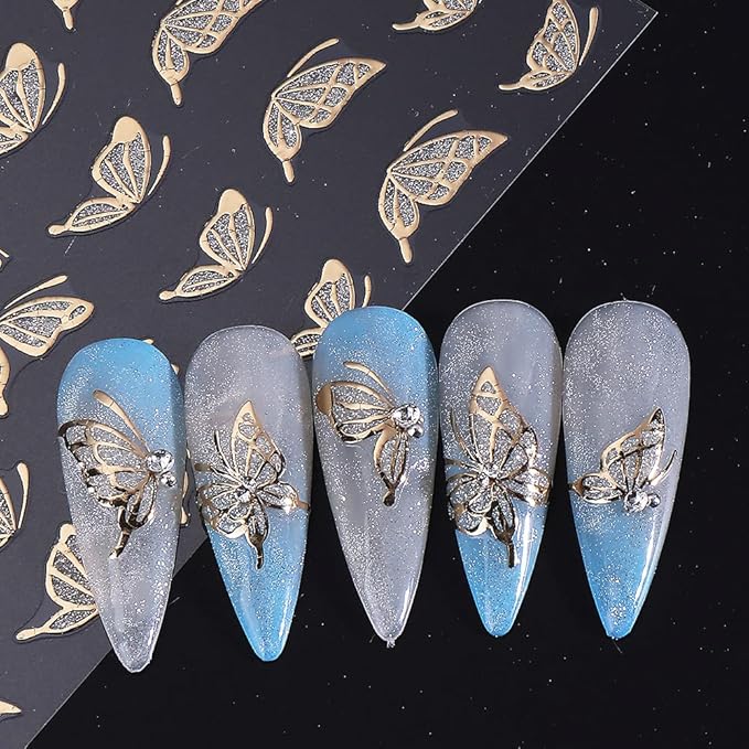 Fall Maple Leaves Nail Art Stickers for Thanksgiving, Gold Maple Leaves Nail Decals 3D Self-Adhesive with Flowers Butterfly Design 6Pcs French Tip Glitter Nail Art Supplies for Women Nail Decoration