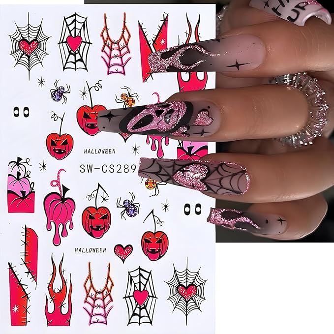 Halloween Nail Art Stickers, Spider Web Nail Art Decals 3D Self-Adhesive Pumpkin Cute Pink Heart Spider Web Nail Design 4Pcs Halloween Nail Art Supplies for Women Nail Decoration