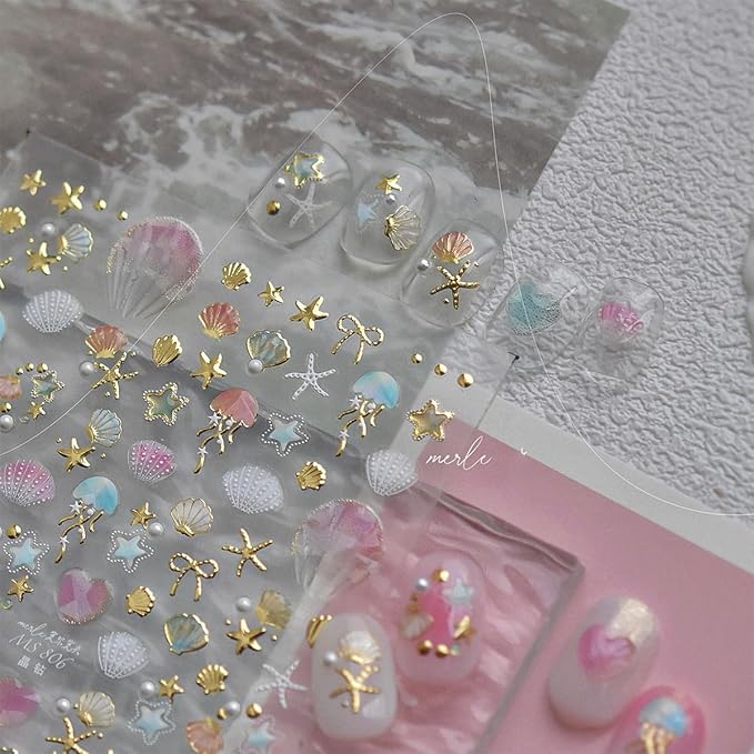 1Pcs Summer Nail Stickers for Nails Art 5D Embossed Marine Life Nail Decals with Pearl Shiny Gold Star Bow Shell Nail Art Stickers Ocean Beach Jellyfish Nail Supplies for Women Manicure Decor