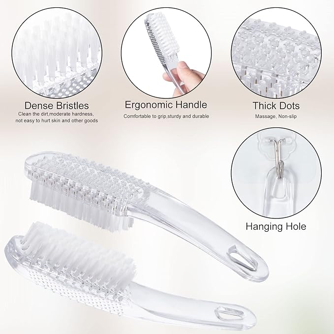 2 Pcs Handle Grip Nail Brushes for Cleaning, Long Handle Fingernail Cleaner, Hand Nail Toes Cleaning and Scrubbing Brushes, Pedicure Nail Scrubber Non-Slip for Men and Women, Clear