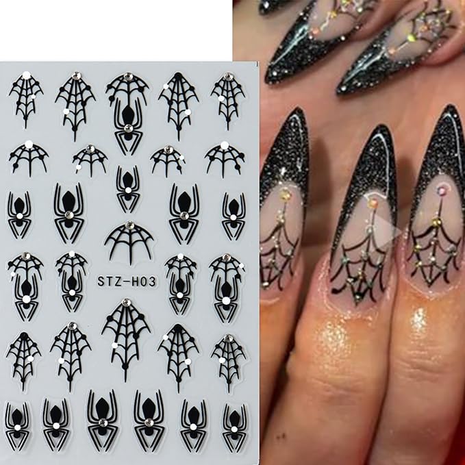 Spider Web Nail Art Stickers Halloween Nail Decals Cobweb Nail Stickers Rhinestone Design 3D Self-Adhesive Black Spiderweb Nail Sliders Manicure Accessories Holiday Nail Decorations for Women