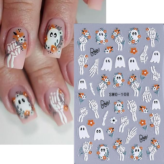 3Pcs Halloween Nail Stickers 5D Embossed Flower Ghost Nail Decals Spider Web Pumpkin Bandage Design Goth Spider Nail Art Stickers French Mummy Skeleton Nails Supplies for Women Holiday Manicure Decor