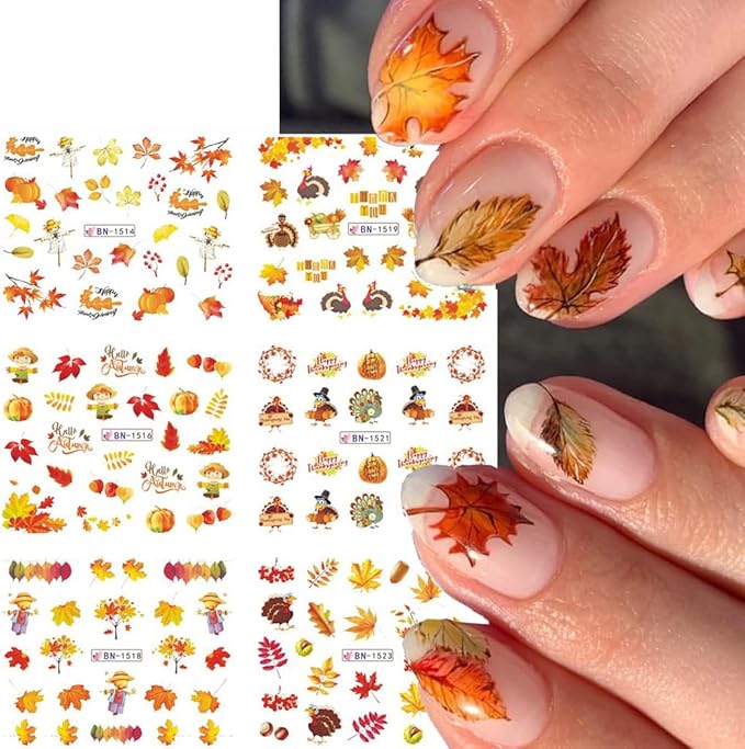 12 Sheets Fall Maple Leaf Nail Art Stickers Autumn Water Transfer Nail Decals Thanksgiving Day Nail Art Supplies Turkey Pumpkin Leaves Scarecrow Nail Design Slider Stickers for Women Nail Decorations