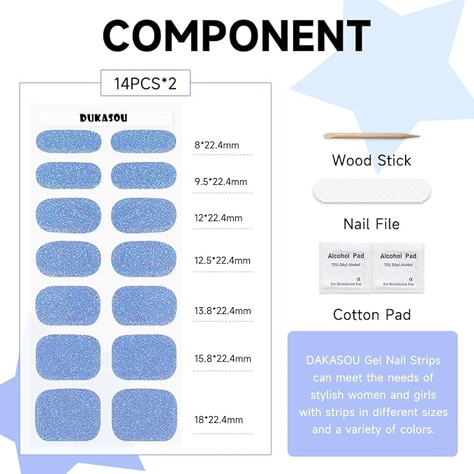 Semi Cured Gel Nail Strips (Glitter Blue), 28 pcs Gel Nail Stickers, Work with Any UV Lights, Long-Lasting NailWraps for Women, Salon-Quality, Easy to Apply & Remove