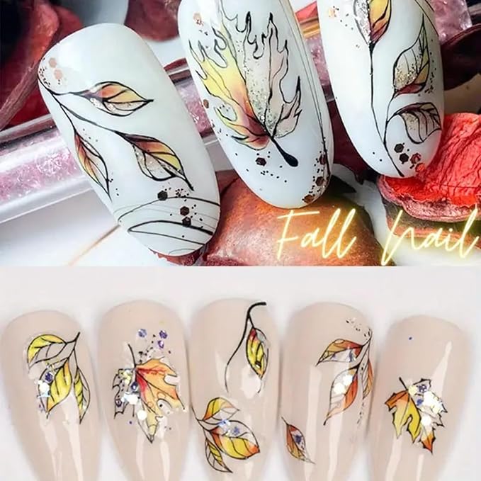 Fall Nail Art Stickers Decals 6Pcs Maple Leaves Nail Art Decals 3D Self-Adhesive Yellow Fallen Leaves Nails Stickers Cute Thanksgiving Day Manicure Sliders for Women Acrylic Nails Art Decorations