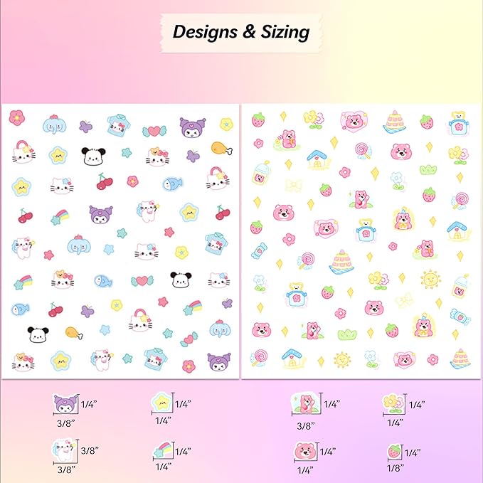10 Sheets of 3D Nail Stickers - 719 Cute Nail Decals - Embossed Nail Stickers for Kids | Kawaii Theme - Butterfly, Flowers, Cats, Bunny, Stars, Fruits | Glow in The Dark