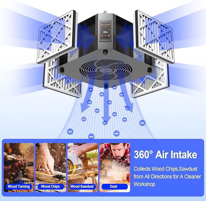Air Filtration System, 360 Degree 2-Speed(1050/1400 CFM) Hanging Ceiling Dust Collectors for Woodworking, Remote Controlled Dust Collection Systems, 2 Stage Filtration, for Shop Garage