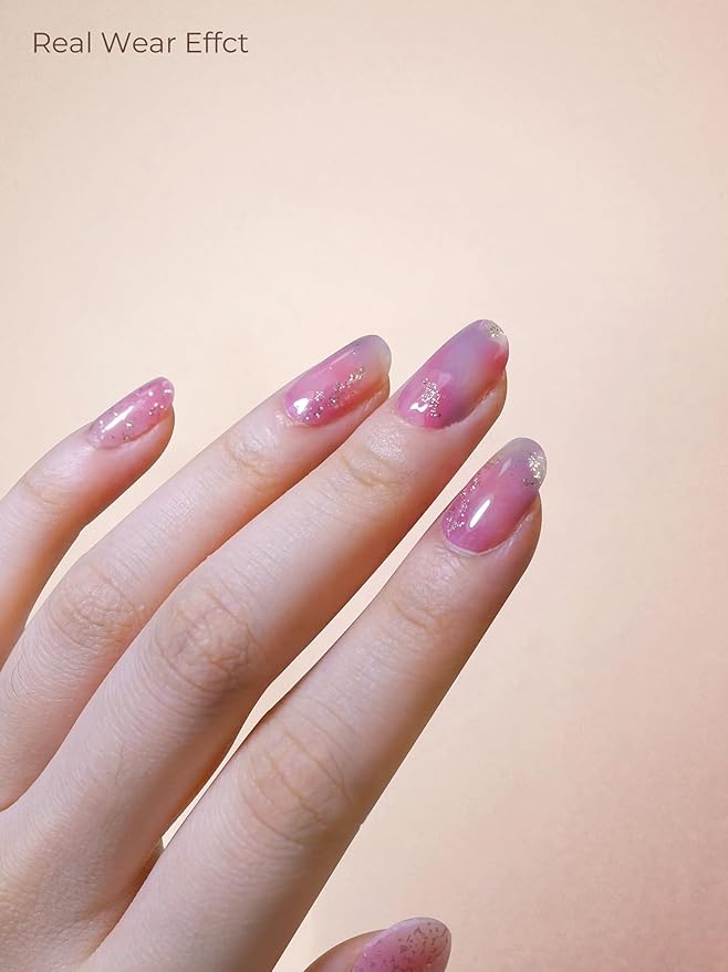 Pre Cured Gel Nail Strips - 44PCS Salon Quality Gel Nail Stickers - Long Lasting Polish Wraps for Women no UV Light Needed Easy Apply& Remove (Dusk Pink）