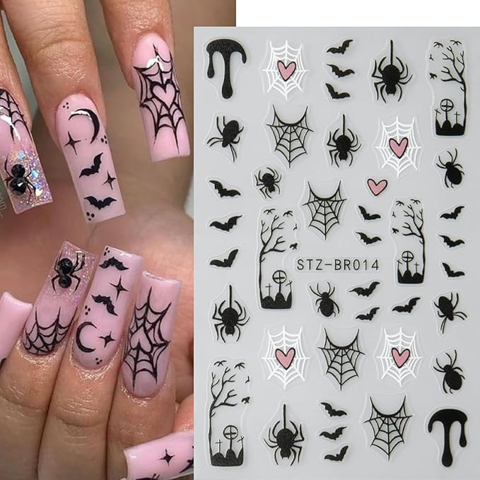 Spider & Bat Halloween Nail Decals - Self Adhesive Ghosts & Web Pattern Design - Day of The Dead DIY Nail Supplies & Charms for Women