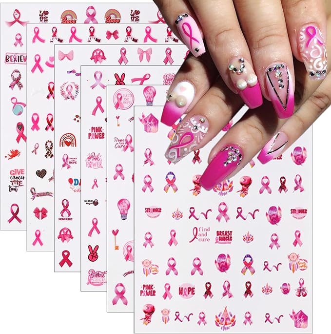 Pink Ribbon Breast Cancer Awareness Nail Stickers - 3D Self-Adhesive Pink Flower Angel Decals for Women & Girls (6Pcs)