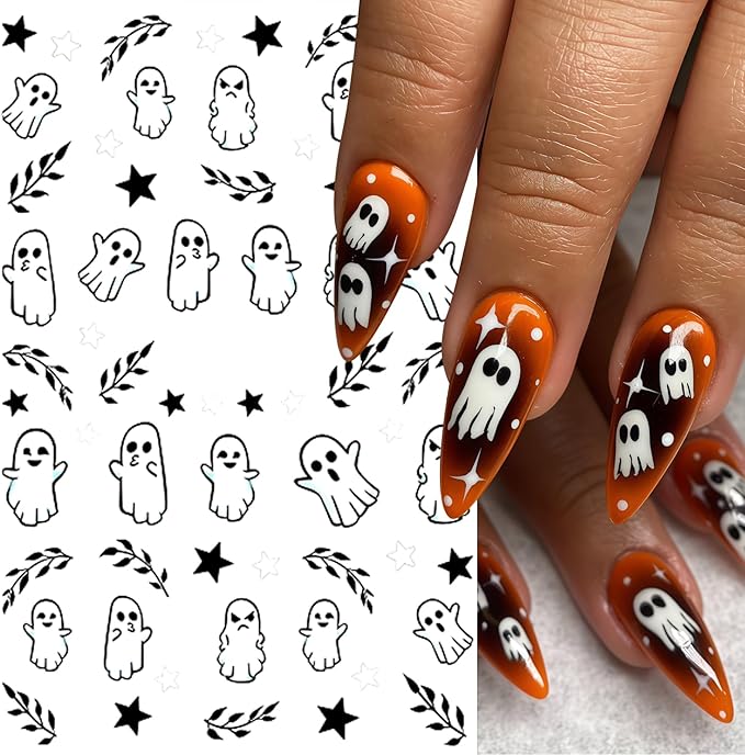 8 Sheets Halloween Nail Art Stickers Decals Ghost Pumpkin Nail Decals 3D Self-Adhesive Pink Mushroom Flower Ghost Nail Supplies Nail Decorations Gothic Nail Sticker for Women Halloween Party