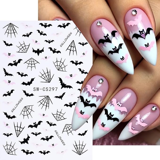 Halloween Nail Art Stickers 3D Bat Spider Web Halloween Nail Decals Self-Adhesive Nail Art Supplies 6PCS Pink Pumpkin Skull Butterfly Skeleton Design Holiday Nail Stickers for Women DIY Nail Salon