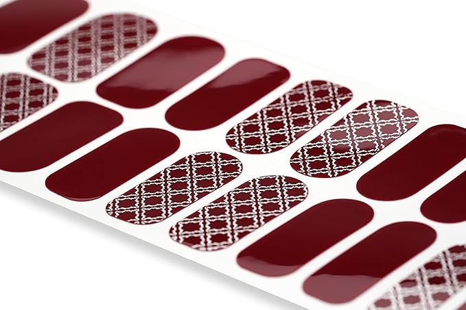 | 20 Exquisite Gel Nail Polish Strips w/Application Accessories - No UV/LED Lamp Required (Vintage Foiled Lace & Burgundy)