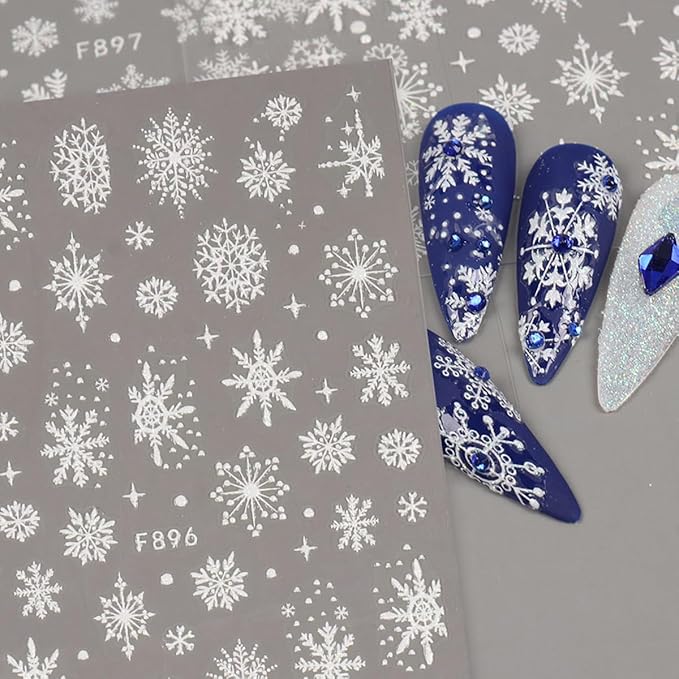 10Sheets Christmas Snowflake Nail Art Stickers White Snowflake Winter Nail Decals 3D Self Adhesive Xmas Nail Art Decorations Supplies Deer HOHO French Stripe Design Manicure Stickers for Women Girls