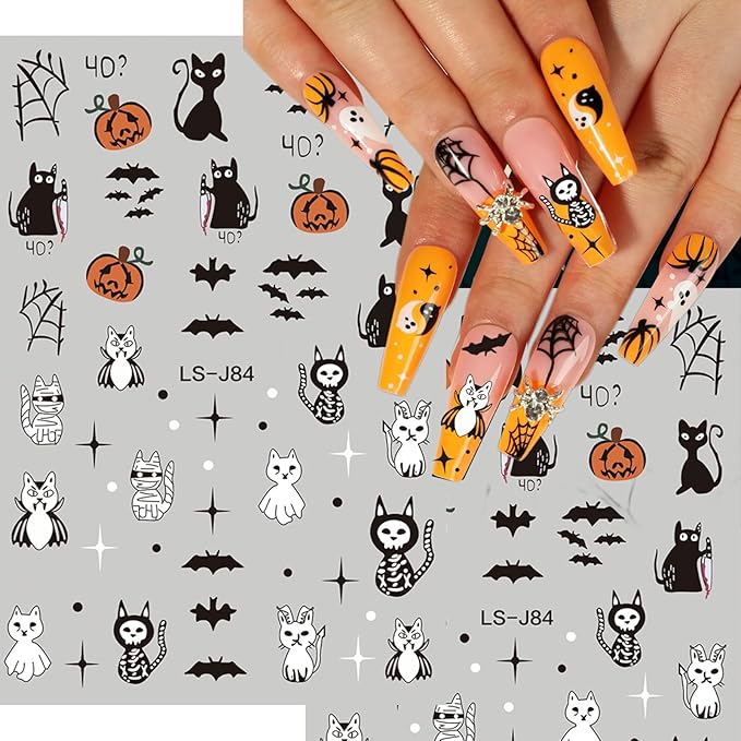 12 Sheet Halloween Nail Stickers Cute Pumpkin Bat Spider Cat Self-Adhesive Halloween Stickers for Nails for Women Halloweens DIY Manicure Supplies