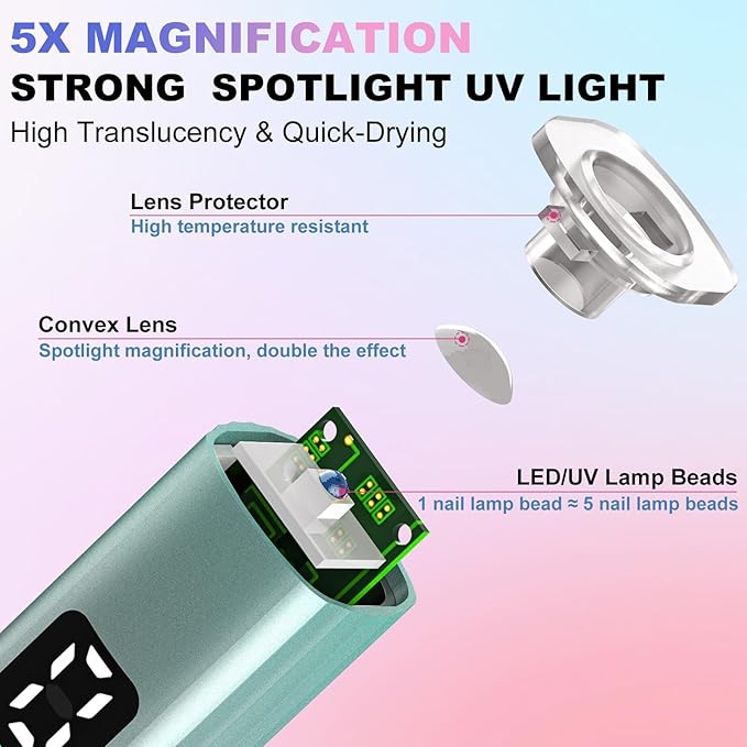 Cordless Electric Nail Drill with UV Light Lamp, 14 in 1 Electric Nail File Drill, 5 Speed LCD Display Rechargeable Professional Manicure Pedicure Kit(Gold) (Pink Blue)