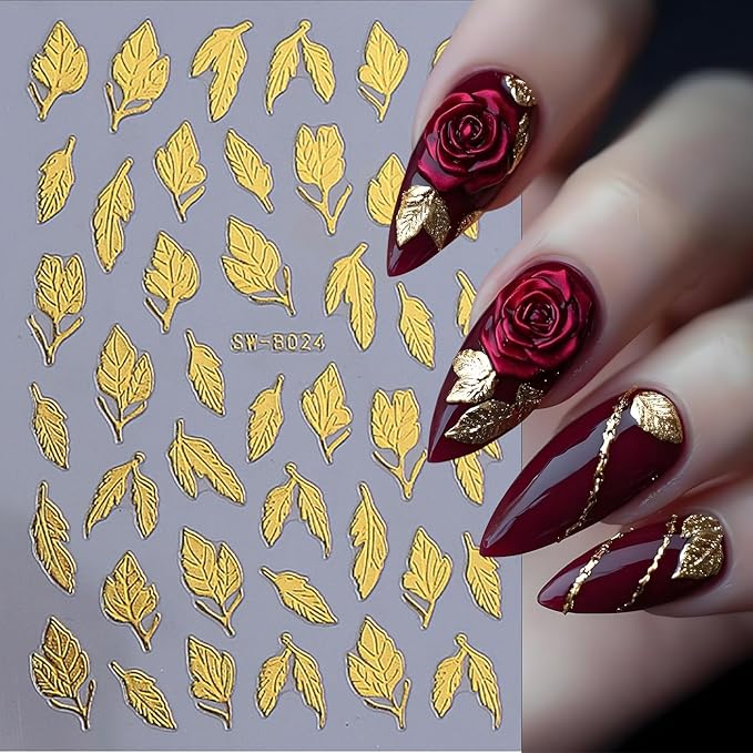 Fall Maple Leaves Nail Art Stickers for Thanksgiving, Gold Maple Leaves Nail Decals 3D Self-Adhesive with Gold Flowers Leaf Design 4Pcs Fall Glitter Nail Art Supplies for Women Nail Decoration