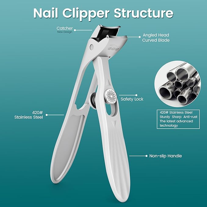 YTD Likomey Angled Head Wide Jaw Opening Nail Clippers,Long Handled Toenail Clippers for Thick Nails,Ultra-Sharp Fingernail Clipper with Catcher,Nail Cutter with Nano Glass Nail File Set for Seniors