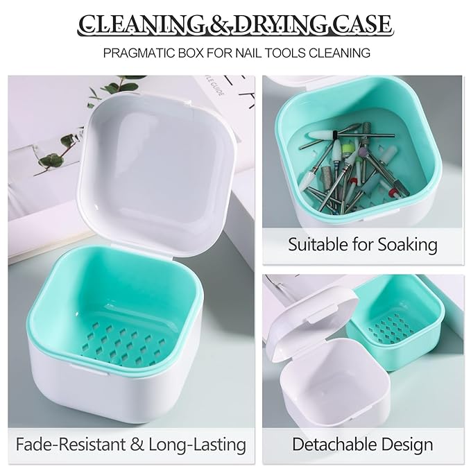 1Pc Plastic Nail Tool Sterilizer Box Nail Drill Bits Cleaning Box Polishing Tools Soaking Tray Manicure Pedicure Storage Container Case - White (White, 3.15“x3.15“x2.75“)