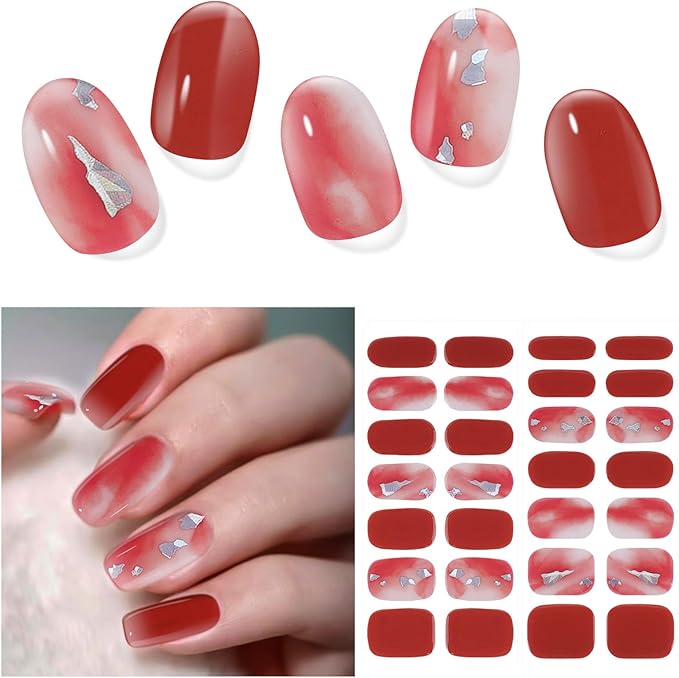 Semi Cured Gel Nail Strips | 28 pcs Gel Nails Strips Work with Any UV Lamps, Long Lasting UV Nail Stickers for Women DIY Nails Wraps(Scarlet Meteor)