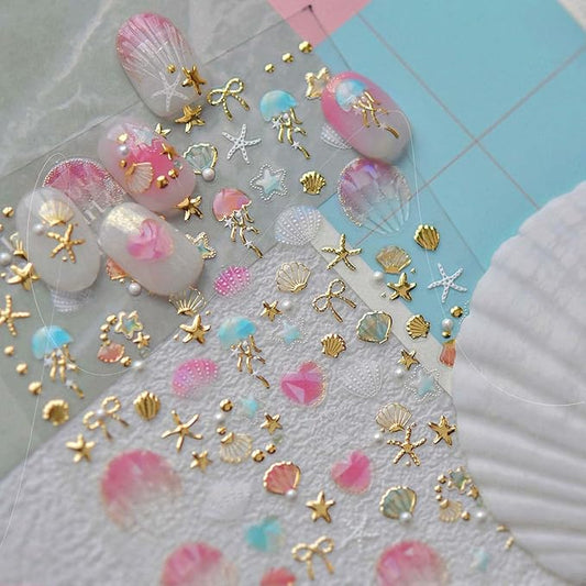 1Pcs Summer Nail Stickers for Nails Art 5D Embossed Marine Life Nail Decals with Pearl Shiny Gold Star Bow Shell Nail Art Stickers Ocean Beach Jellyfish Nail Supplies for Women Manicure Decor