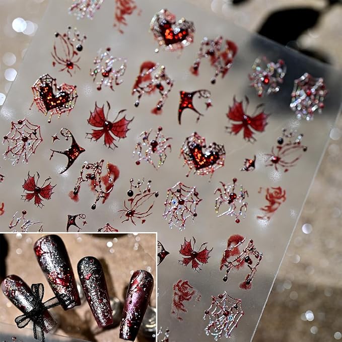 1 Sheets Halloween Nail Stickers for Nail Art 3D Self -Adhesive Spider Web Spider Nail Art Sticker Red Blood Drop Butterfly Heart Designs Stickers Horror Gothic Nail Decal for Women DIY Nail Salon