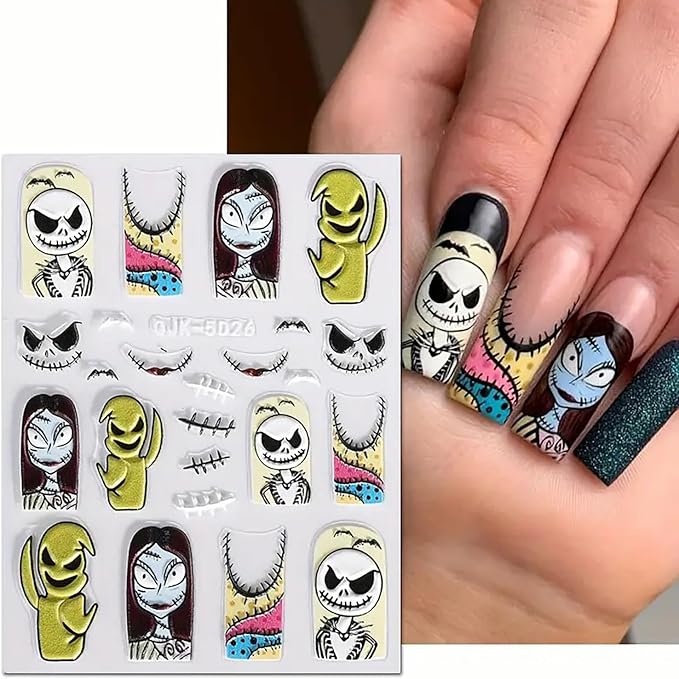 6 Sheets Halloween Nail Art Stickers Decals Pink Skull Spider Web Sugar Skull Nail Decoration 3D Self-Adhesive Nightmare Christmas Stickers for Women Girls