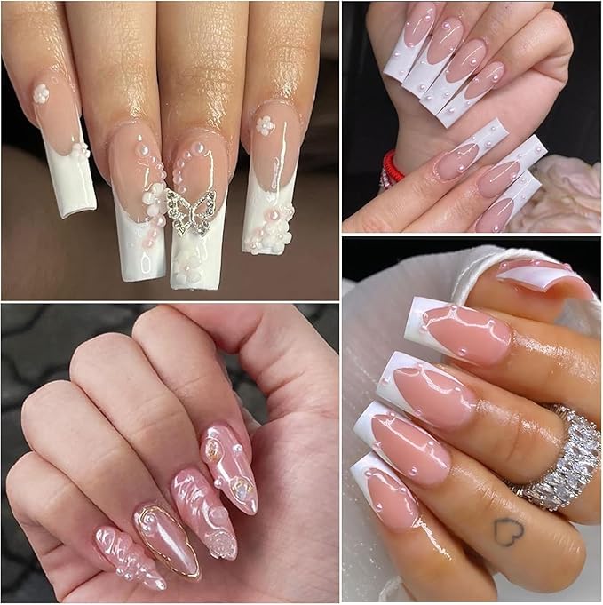 Nail Art Pearls with Rhinestones Glue Gel Flatback Pearls Nail Charms Luxurious Nails Supplies Accessories Gold Silver Gems Jewelry Pearl for Women Nails Design(Pink)