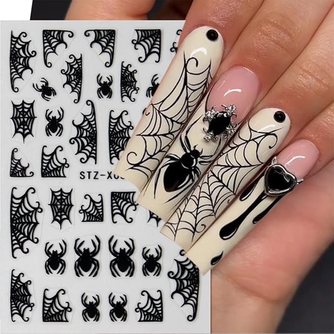 Halloween Spider Nail Stickers - 3D Black Spider Web Designs, Self-Adhesive Star & Bat Decals for Women's DIY Acrylic Nail Art, 6 Sheets
