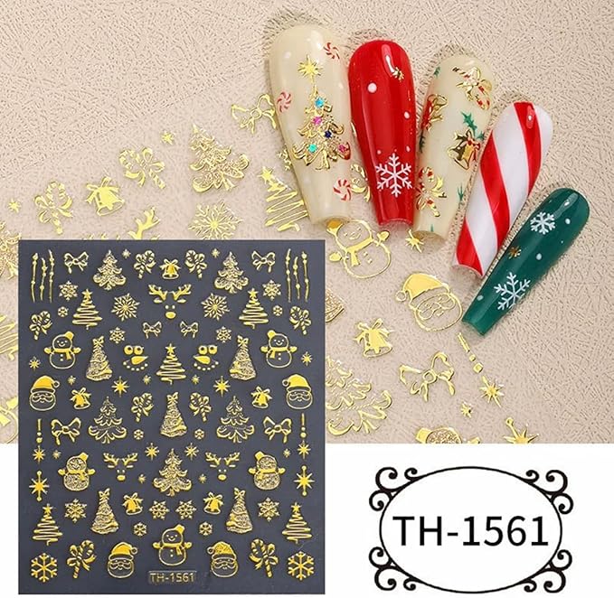 3D Christmas Nail Stickers for Nail Art, Gold Self-Adhesive Christmas Nail Art Stickers Decals 6PCS Deer Snowflake Crystal Ball Bow Tree Snowman Xmas Nails Design Holiday Manicure Supplies for Women