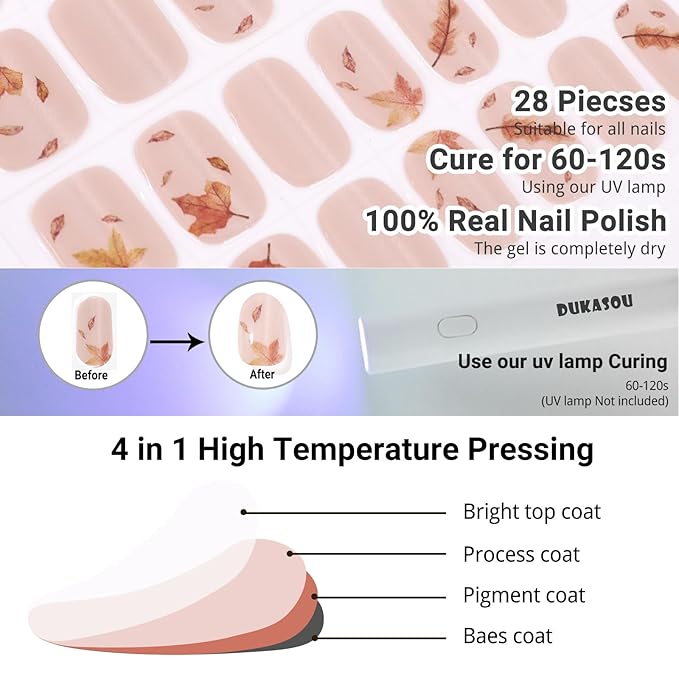 Semi Cured Gel Nail Strips, Cat's Eye Maple Leaf | 28 pcs Autumn Fall Gel Nail Stickers Work with Any UV Lamp, Salon Quality NailWraps for Autumn, Include Prep Pads, File&Wood Stick