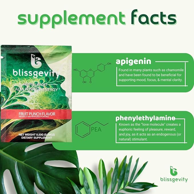 Mood Support Drink Mix - 150mg Apigenin - Phenylethylamine Promotes Focus and Mental Clarity - Herbal Wellness Support - Fruit Punch with Sugar - 12 Packets