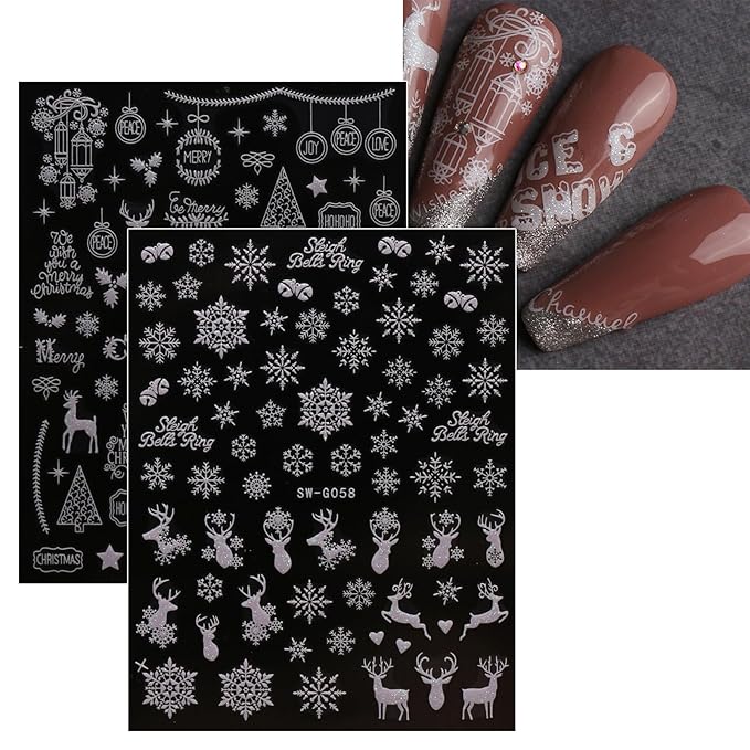 JMEOWIO 9 Sheets Christmas Glitter Nail Art Stickers Decals Self-Adhesive Snowflake Winter Holiday White Nail Supplies Nail Art Design Decoration Accessories
